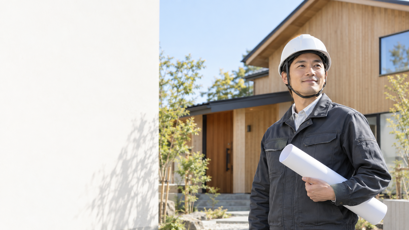 木質外装の完成した住宅の前で図面を持つ施工担当者のイメージ